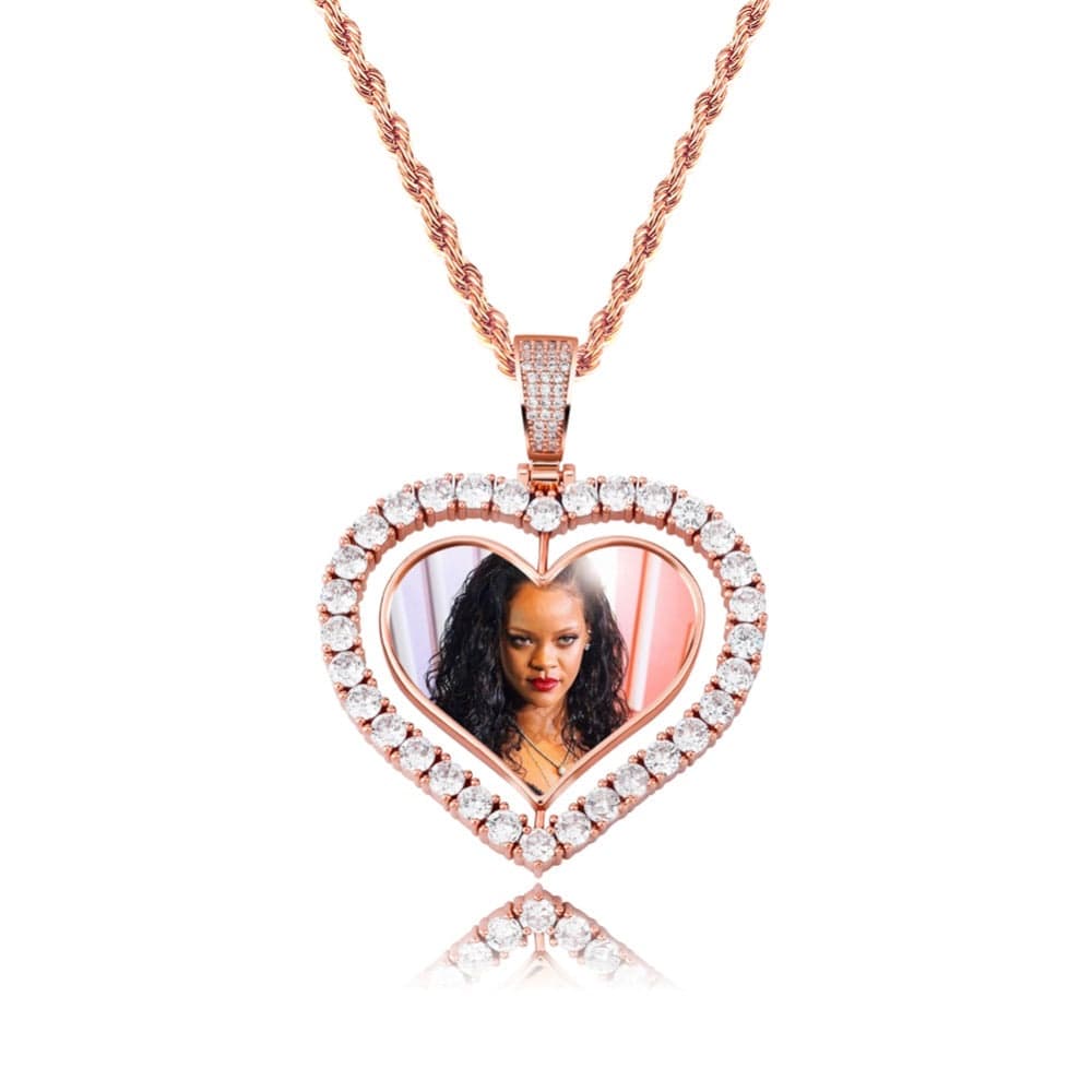 Two-sided Spinning Heart Shaped Photo Pendant Necklace