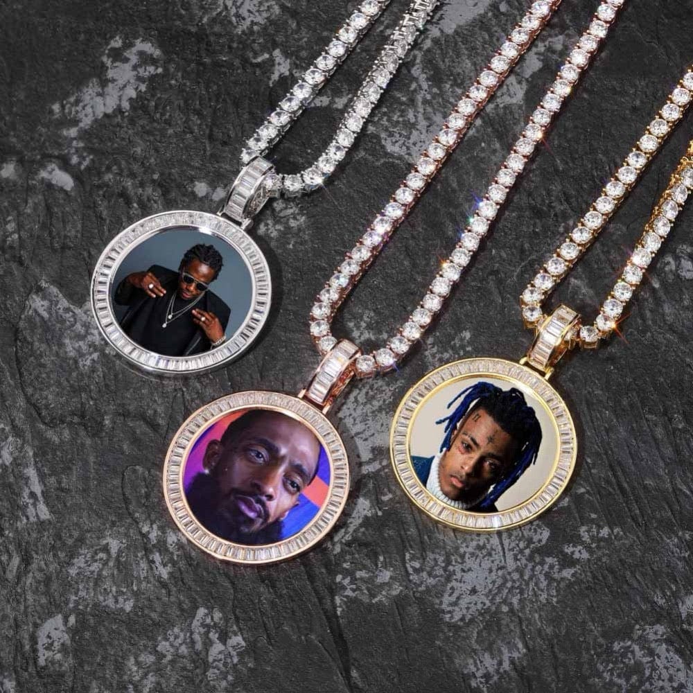 Gold Custom Picture Pendant Necklace With Baguette Border