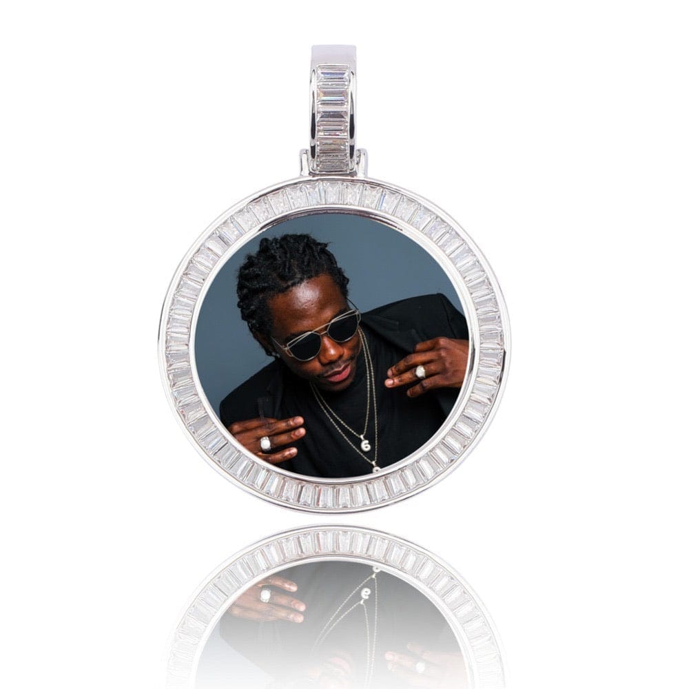Gold Custom Picture Pendant Necklace With Baguette Border