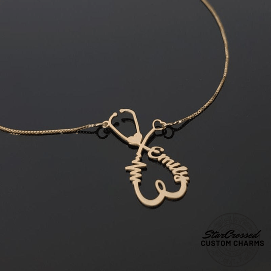 Custom Nurse Necklace With Name, Heartbeat & Stethoscope Pendant