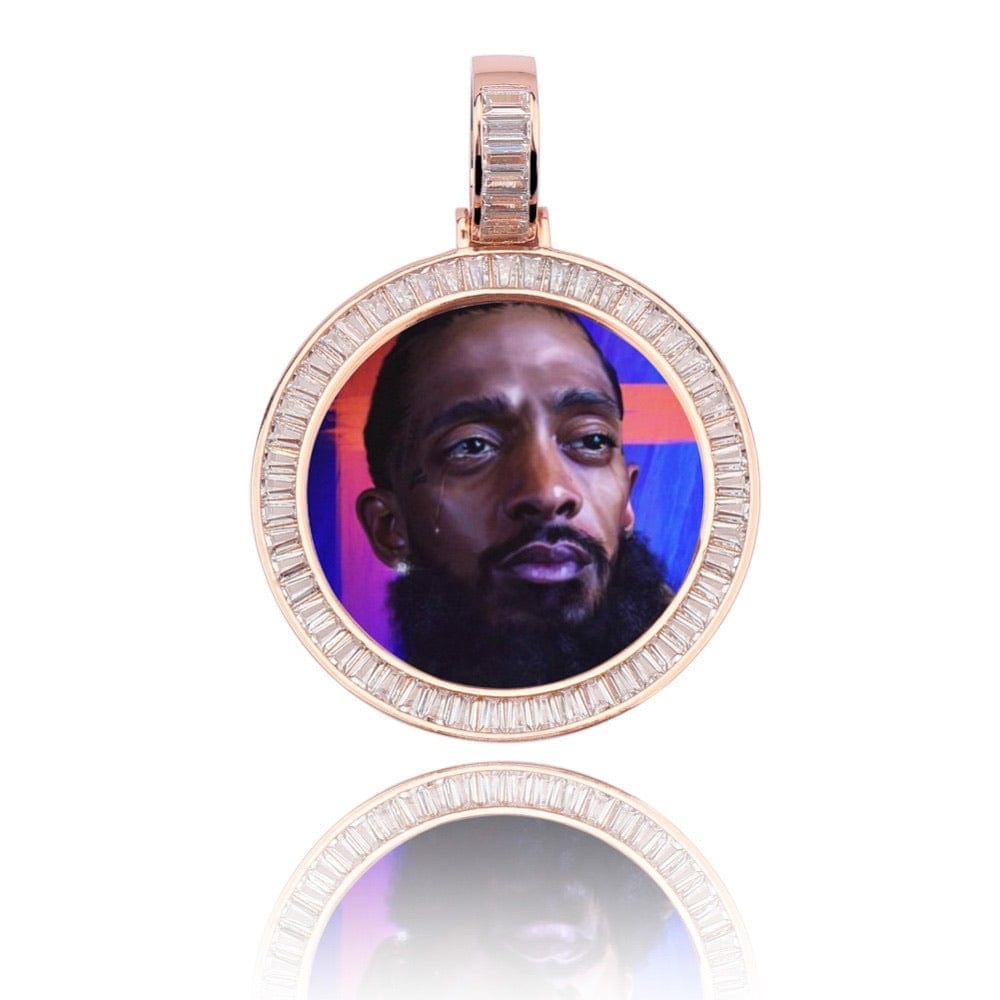 Gold Custom Picture Pendant Necklace With Baguette Border