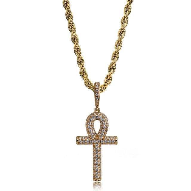 Egyptian Ankh Cross Pendant Necklace With AAA Zircons - Gold, Silver