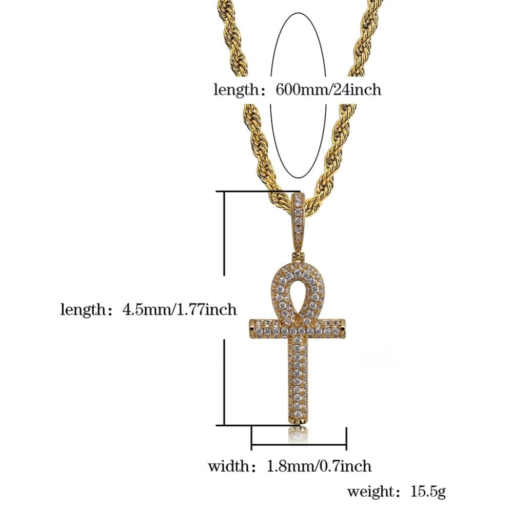 Egyptian Ankh Cross Pendant Necklace With AAA Zircons - Gold, Silver
