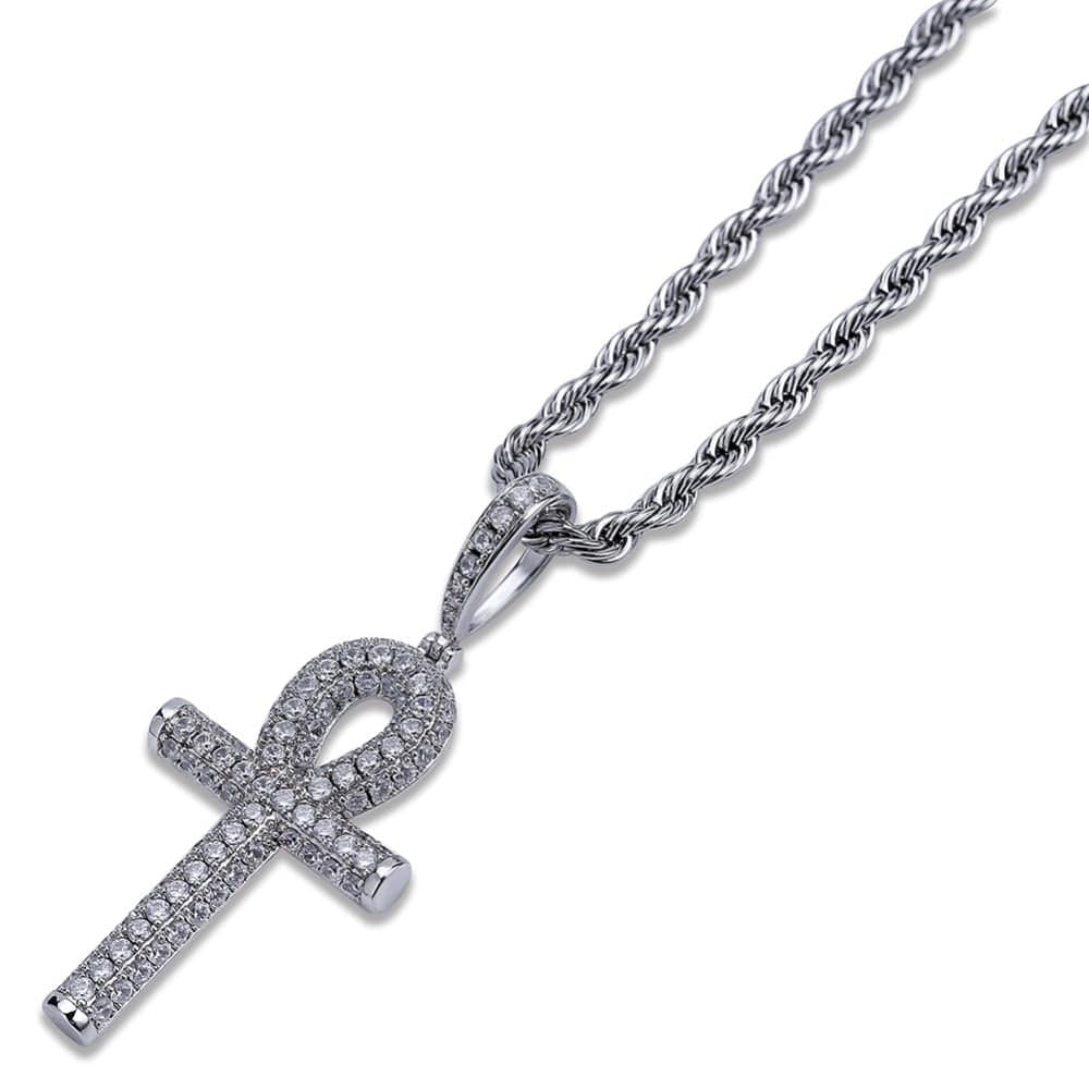 Egyptian Ankh Cross Pendant Necklace With AAA Zircons - Gold, Silver