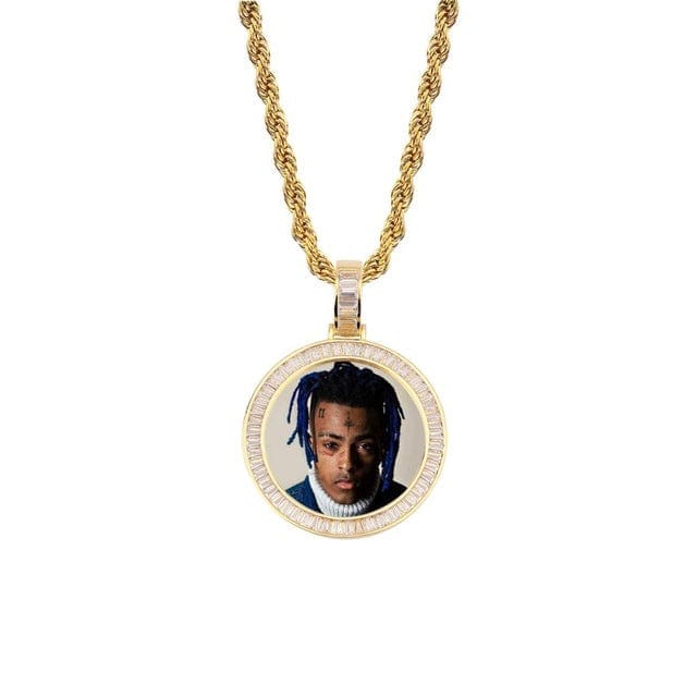 Gold Custom Picture Pendant Necklace With Baguette Border