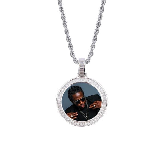 Gold Custom Picture Pendant Necklace With Baguette Border
