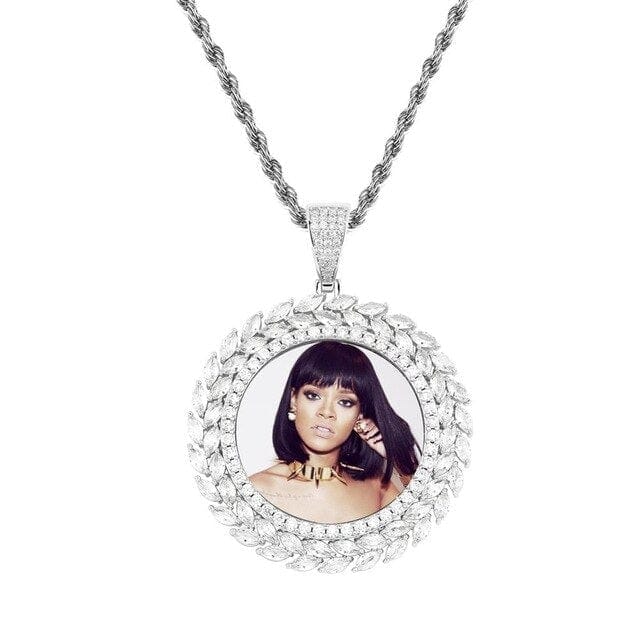 White Gold Custom Photo Pendant With Roman Leaf Setting