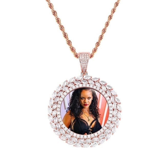 Rose Gold Custom Photo Pendant With Roman Leaf Setting