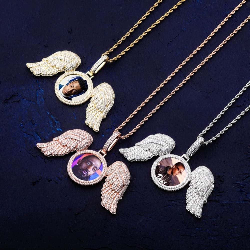 "Gabriels Wings" Custom Photo Pendant Necklace With Long Wings