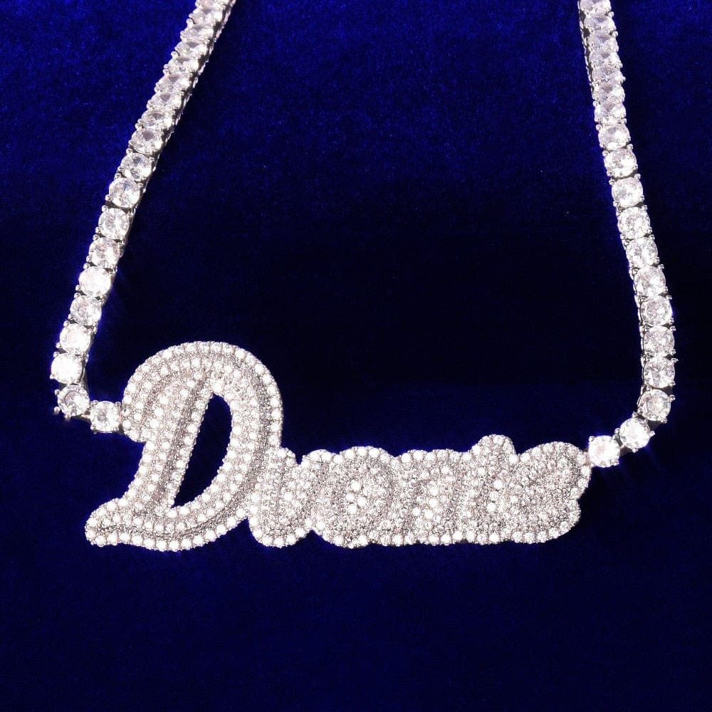 Custom Double Layer Cursive Script Pave Name Pendant - Gold, Rose Gold, White Gold