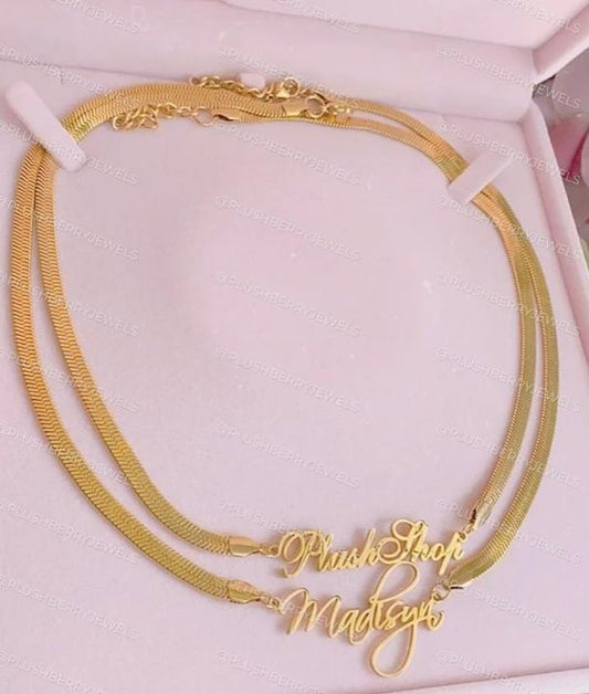 Custom Cursive Script Nameplate Pendant & Herringbone Necklace