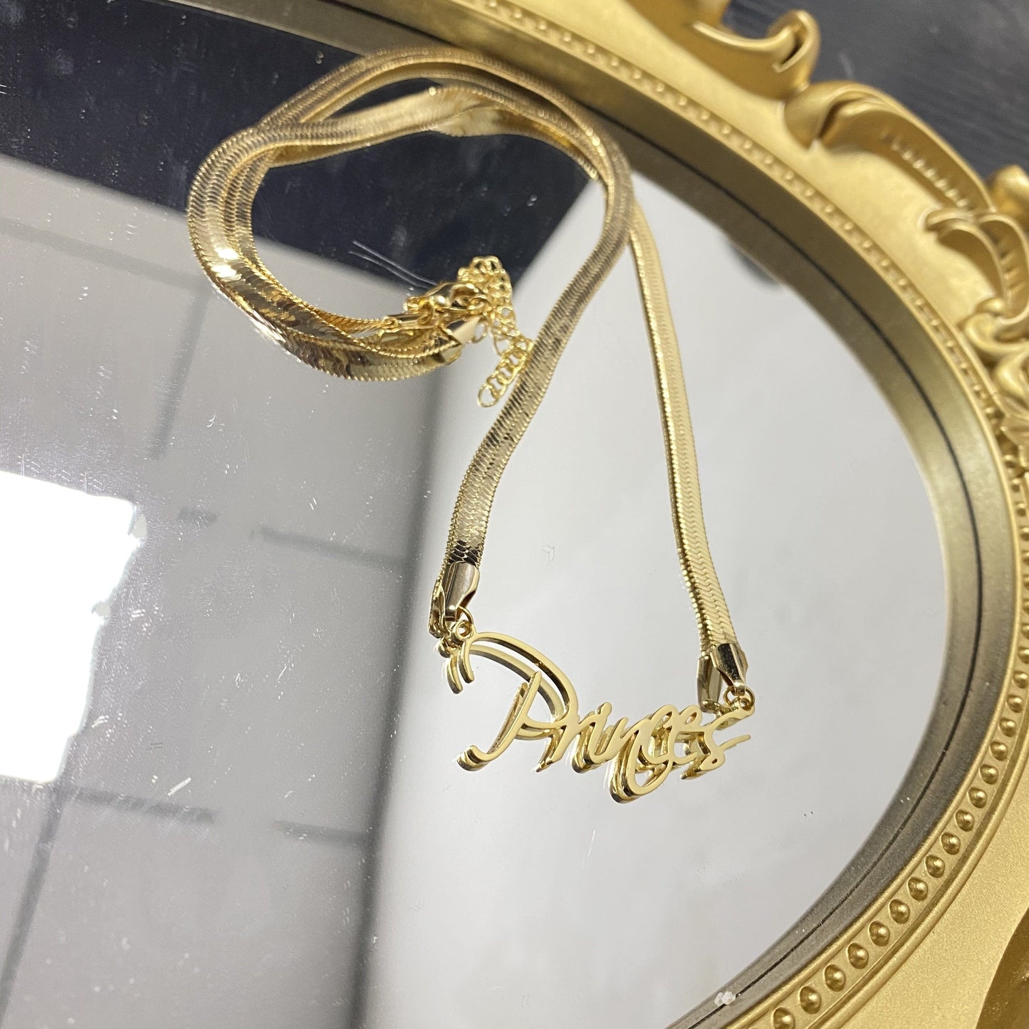 Custom Cursive Script Nameplate Pendant & Herringbone Necklace