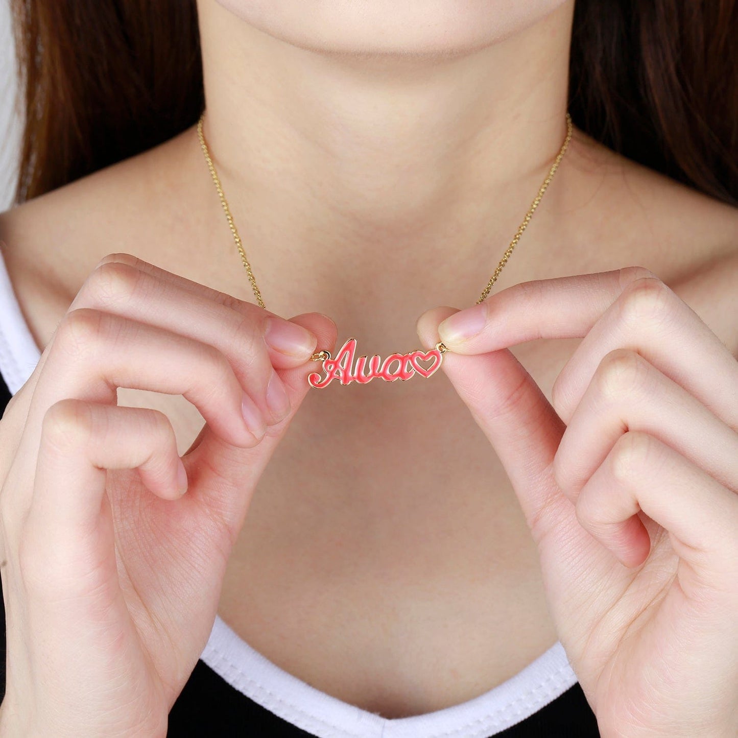 Custom Colored Enamel Name Necklace With Heart Accent