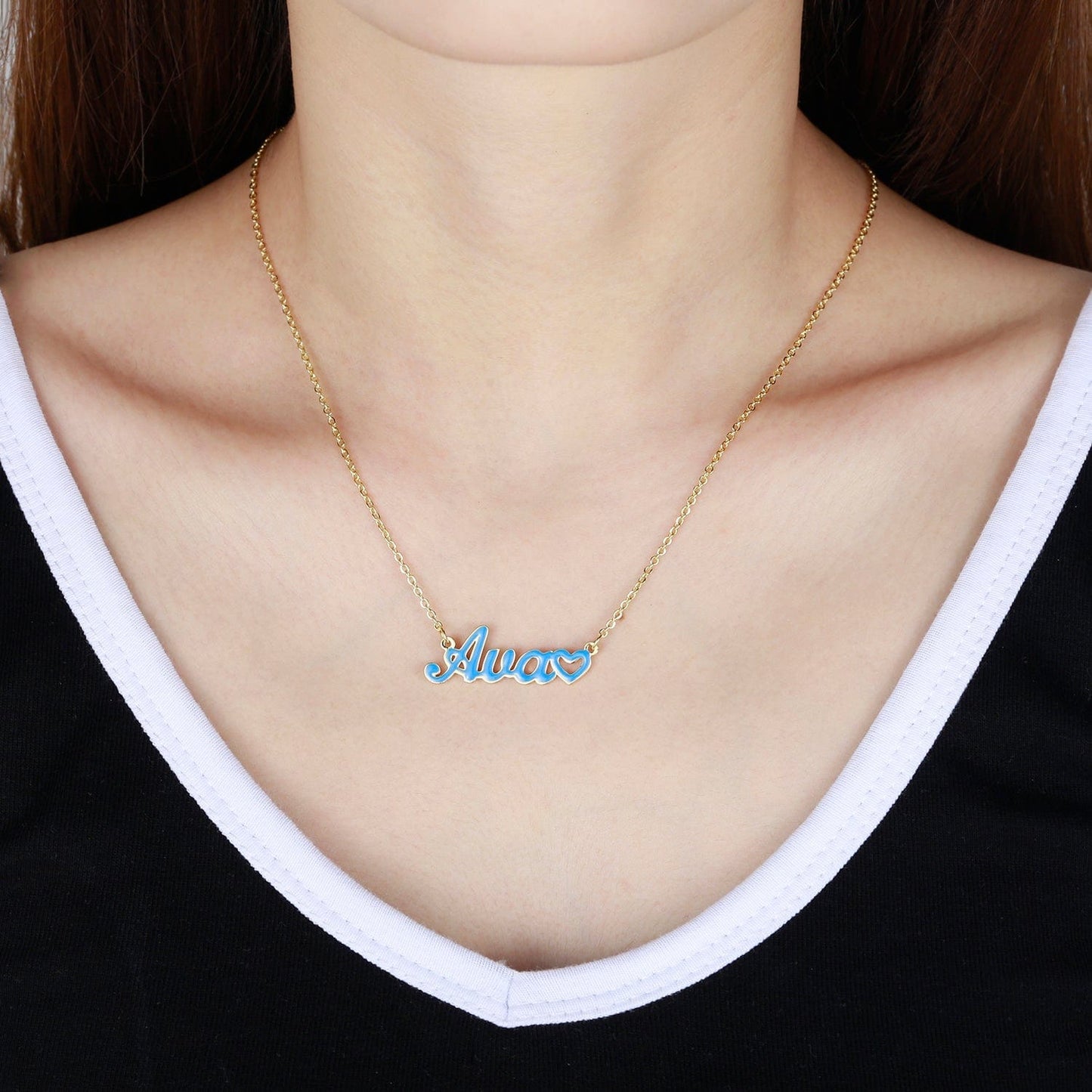 Custom Colored Enamel Name Necklace With Heart Accent