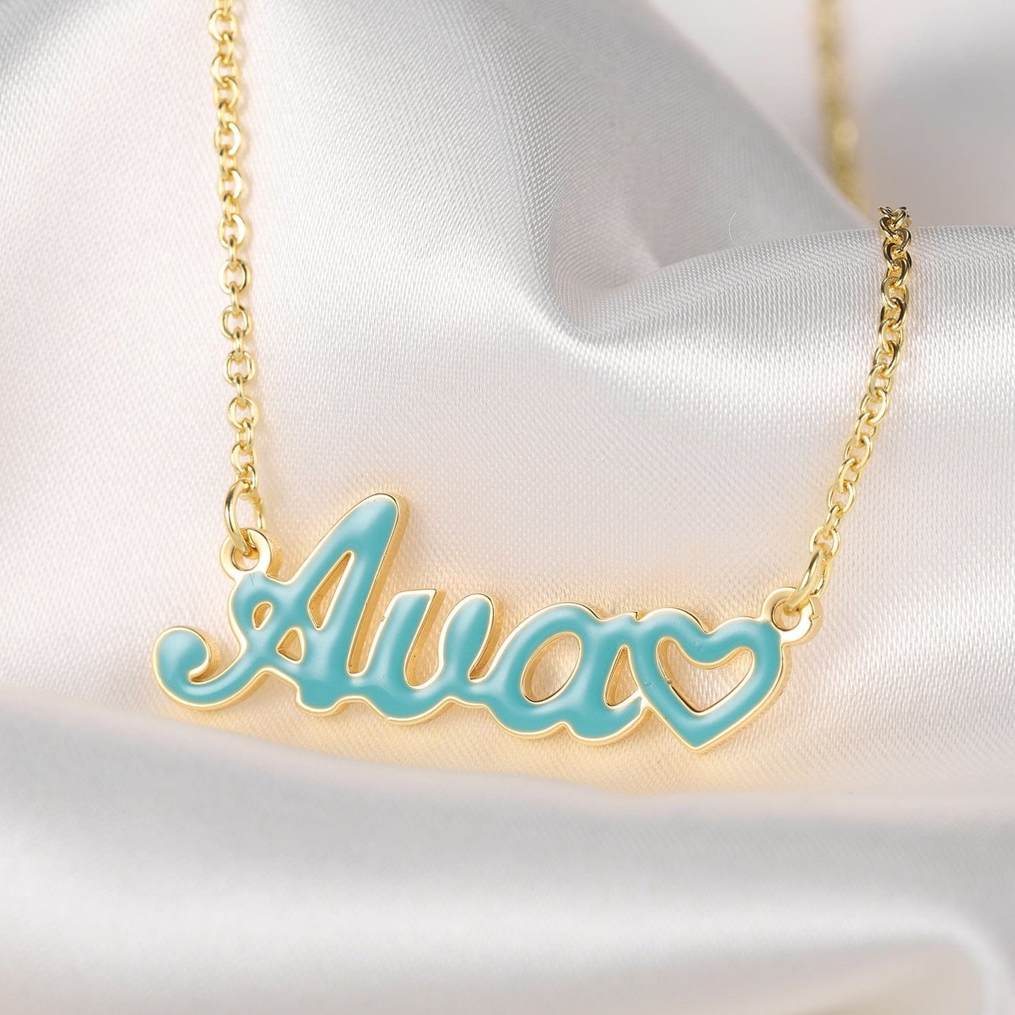 Custom Colored Enamel Name Necklace With Heart Accent