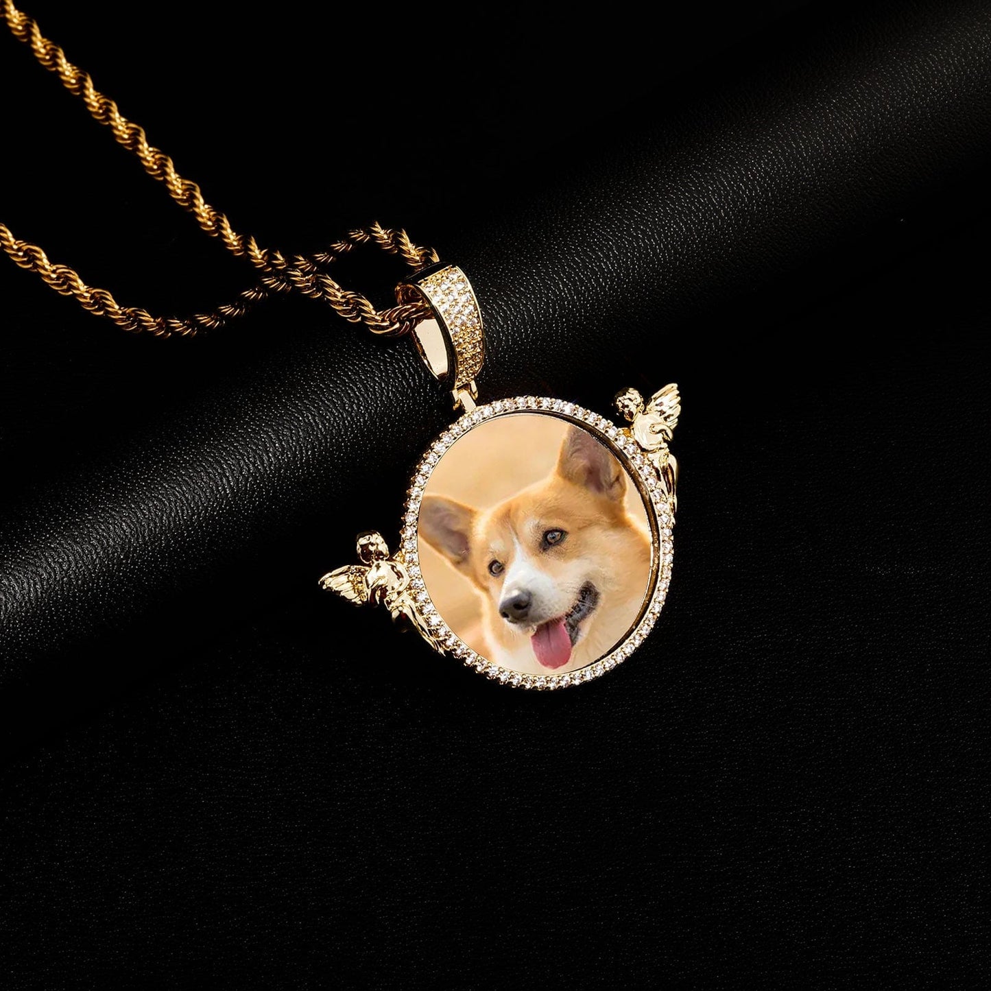 Custom Round Photo Pendant Necklace With Two Angels