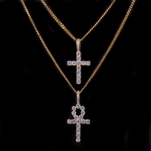 Gold Ankh/Cross Necklace Set With Zircon Diamonds