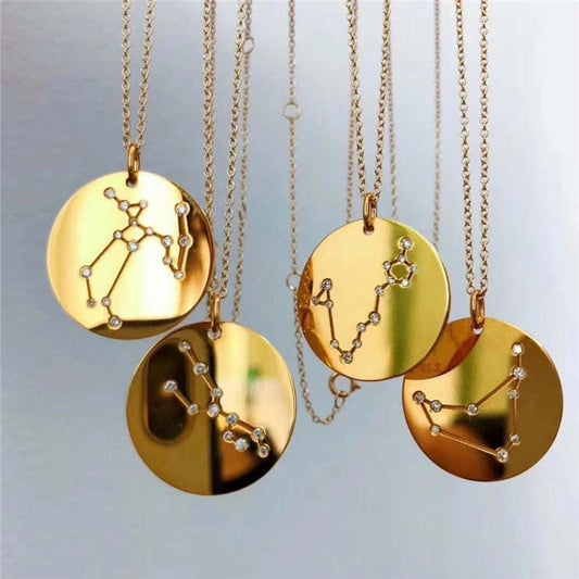 Round Gold 12 Constellation/Zodiac Pendant & Necklace