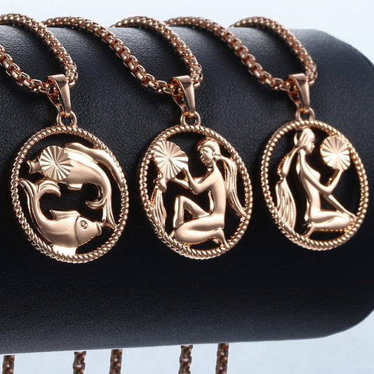 Rose Gold Unisex Zodiac Pendant Necklace With Thin Rope Rim