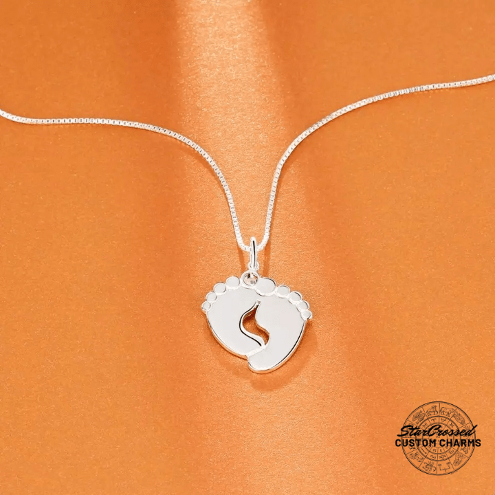Personalized Silver Baby Feet Pendant & Necklace With Birthstone