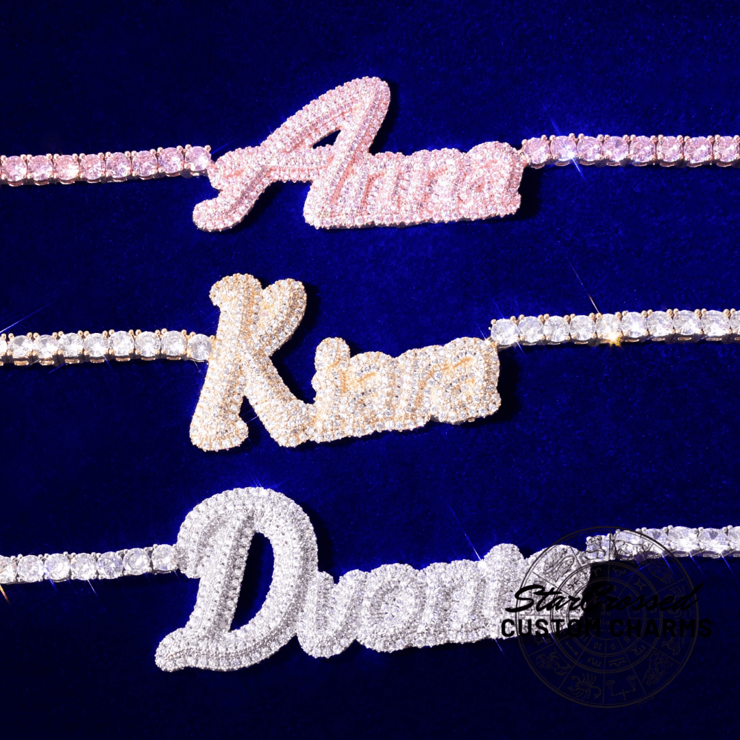 Custom Double Layer Cursive Script Pave Name Pendant - Gold, Rose Gold, White Gold