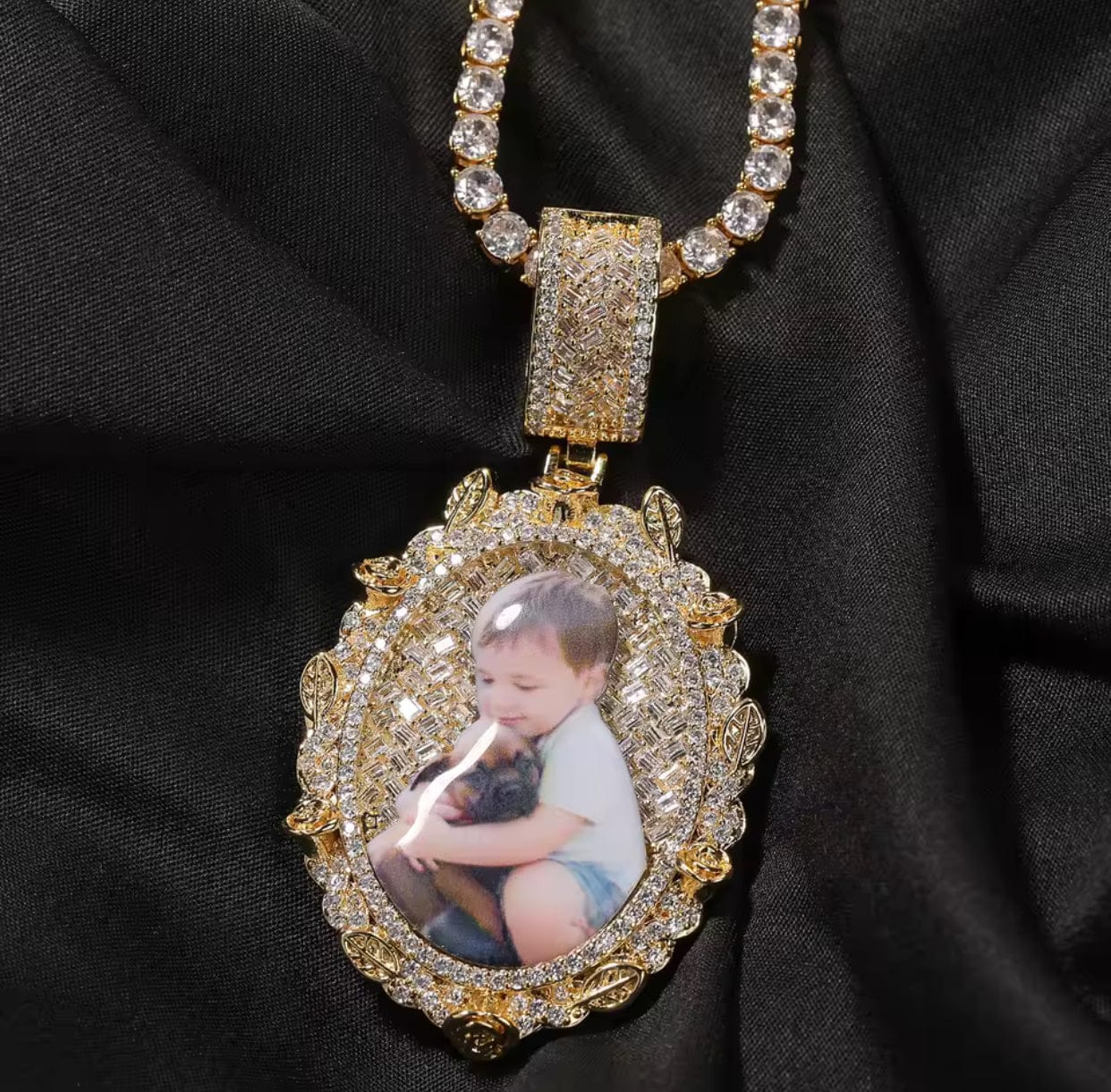 Custom Oval Baguette Diamond Photo Pendant Necklace