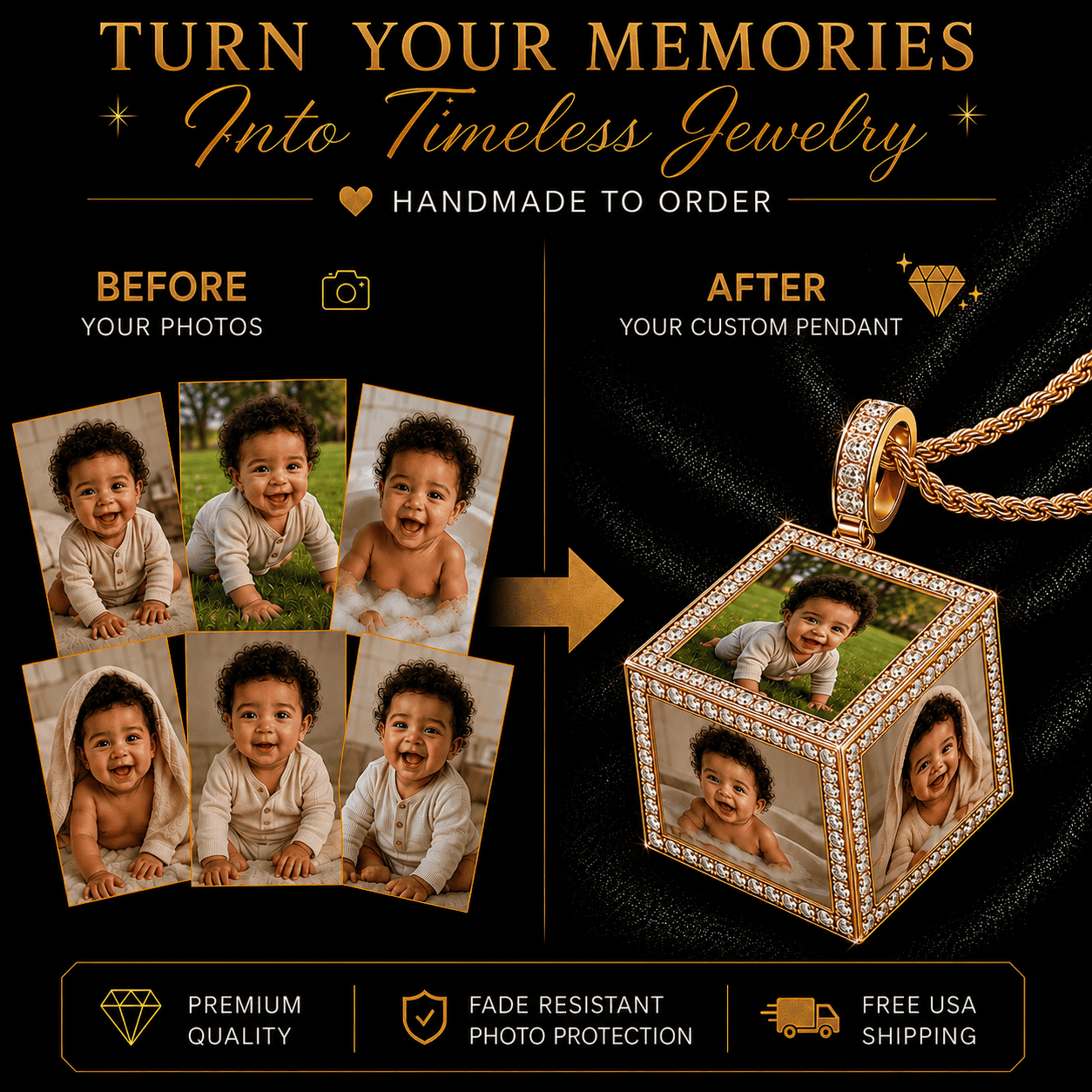 Custom 6-Photo 3D Cube Pendant Necklace