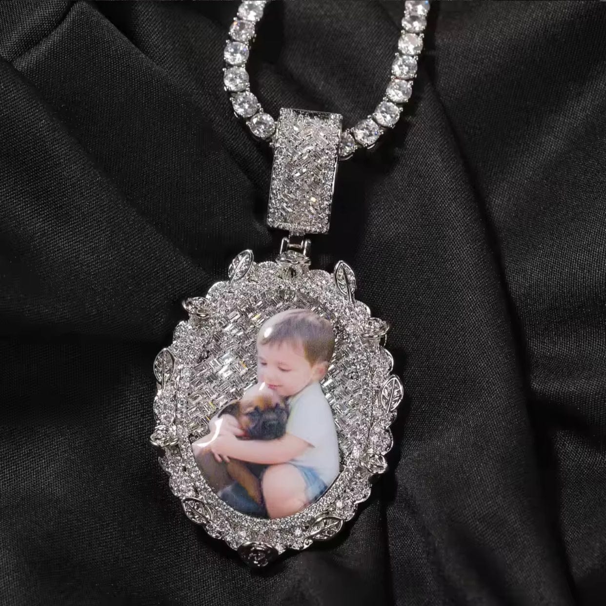 Custom Oval Baguette Diamond Photo Pendant Necklace