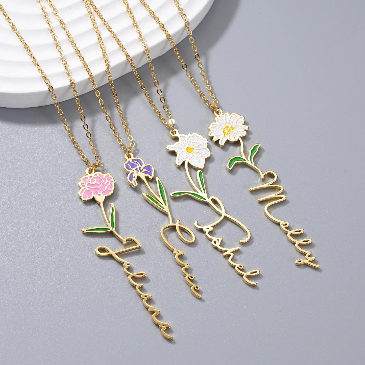 Enamel Birth Flower Name Necklace