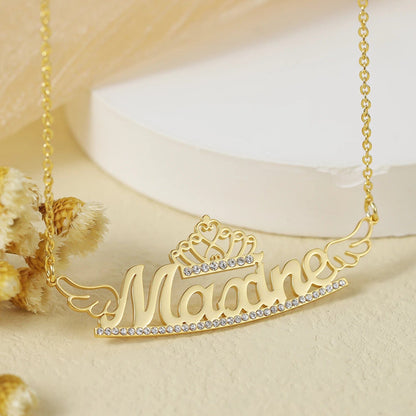 Custom Crowned Name Necklace With Wings