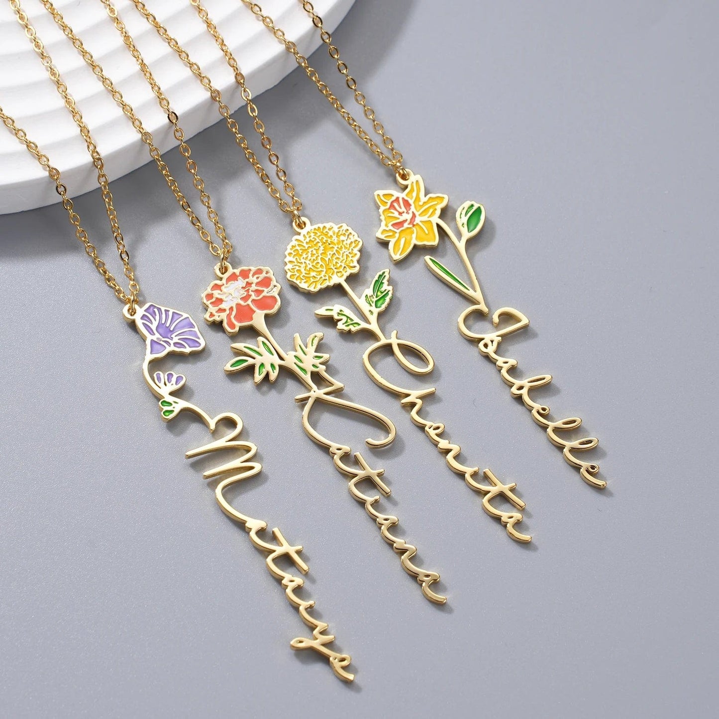 Enamel Birth Flower Name Necklace