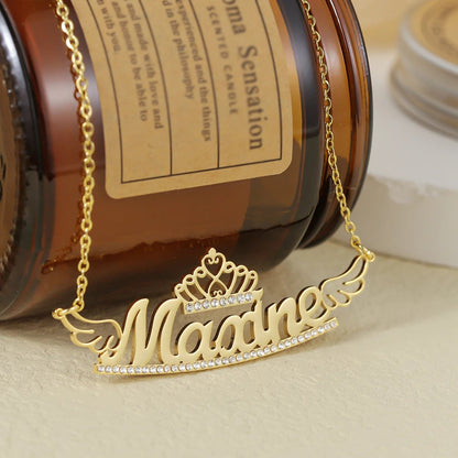Custom Crowned Name Necklace With Wings