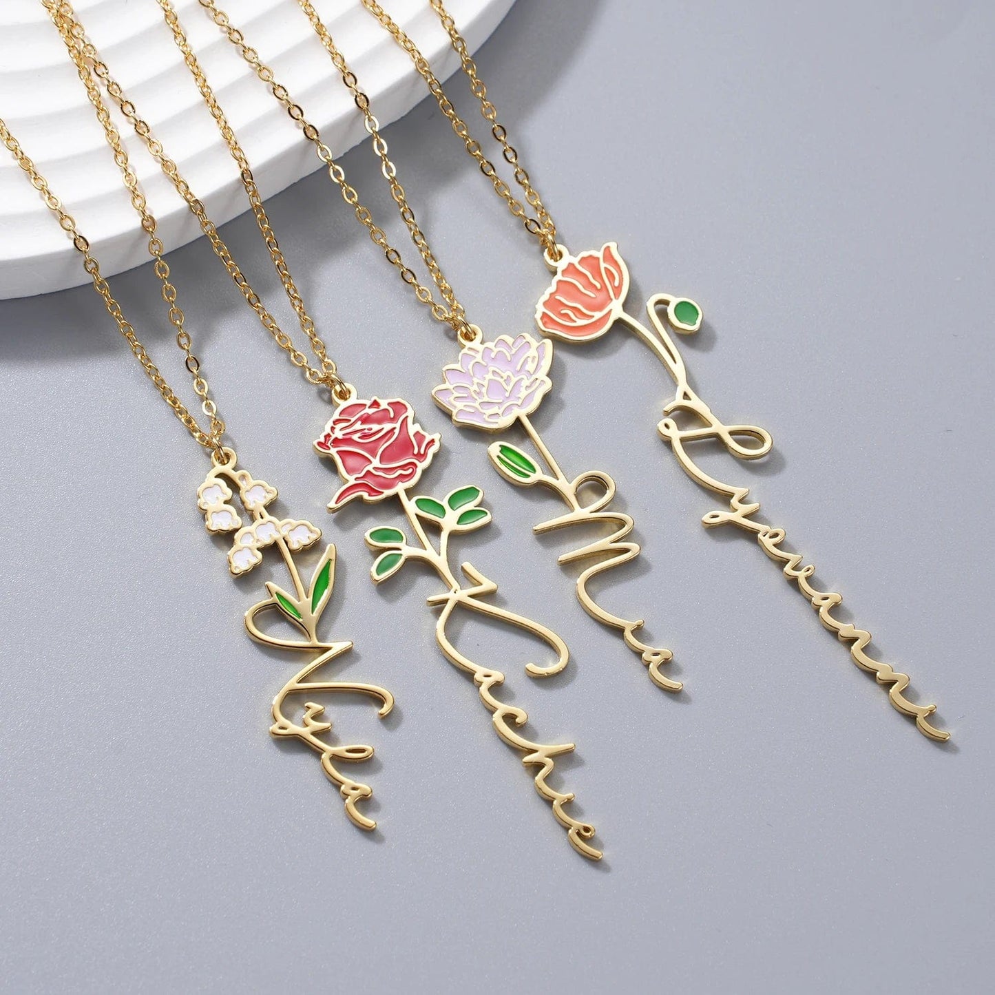 Enamel Birth Flower Name Necklace