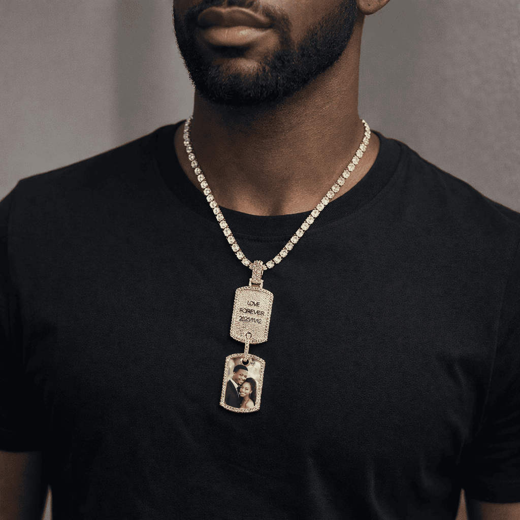 Custom Double Dog Tag Photo Necklace - Engraved Picture Pendant (Gold/Silver)