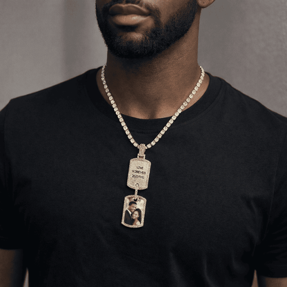 Custom Double Dog Tag Photo Necklace - Engraved Picture Pendant (Gold/Silver)