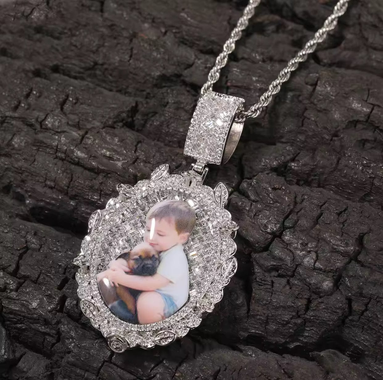 Custom Oval Baguette Diamond Photo Pendant Necklace