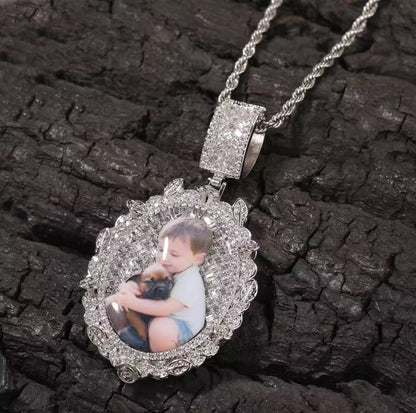 Custom Oval Baguette Diamond Photo Pendant Necklace