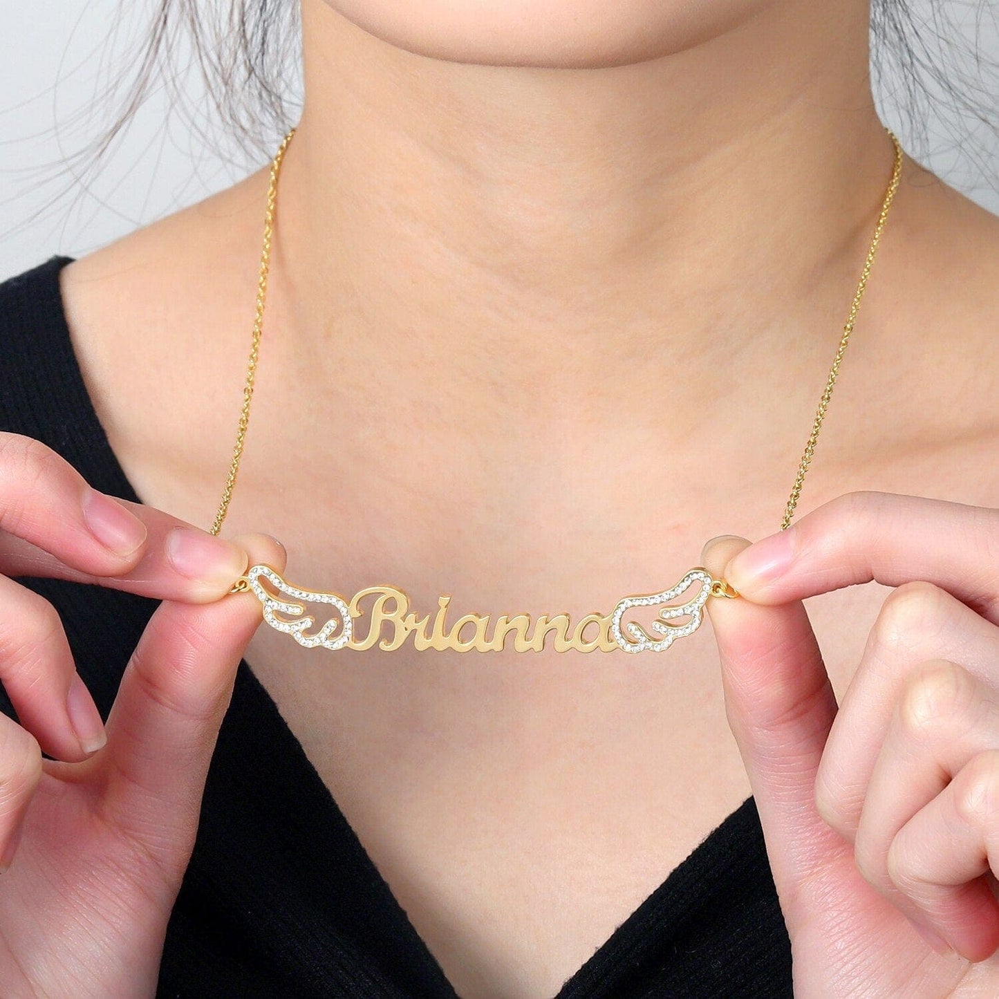 Custom Nameplate Necklace With Angel Wings