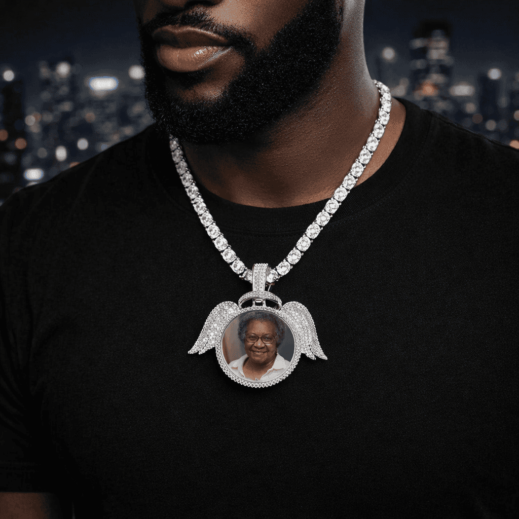 Custom Round Angel Wings & Halo Photo Pendant Necklace