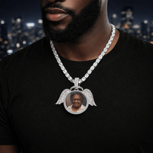 Custom Round Angel Wings & Halo Photo Pendant Necklace