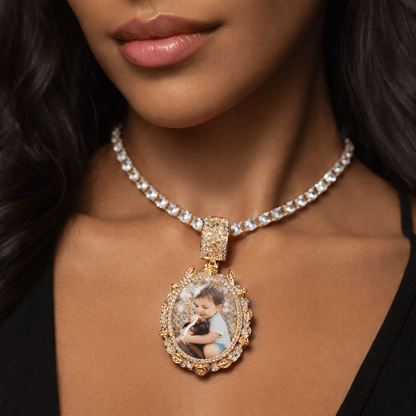 Custom Oval Baguette Diamond Photo Pendant Necklace