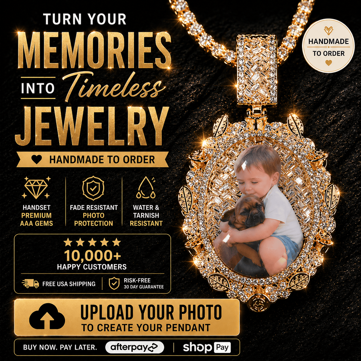 Custom Oval Baguette Diamond Photo Pendant Necklace