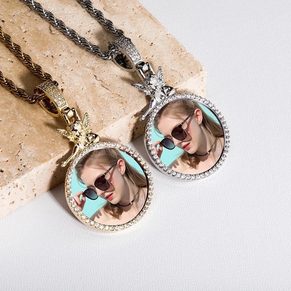 Custom Round Photo Pendant Necklace With Guardian Angel