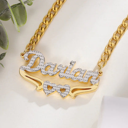 Custom Womens Double Plated Name Necklace With Two Heart Accent