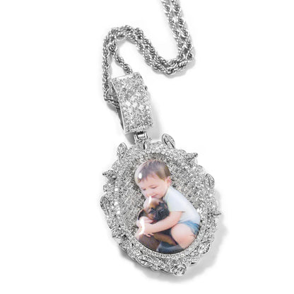 Custom Oval Baguette Diamond Photo Pendant Necklace