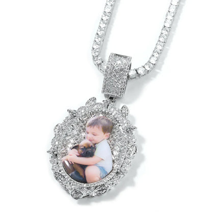 Custom Oval Baguette Diamond Photo Pendant Necklace