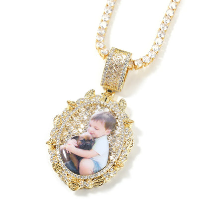 Custom Oval Baguette Diamond Photo Pendant Necklace