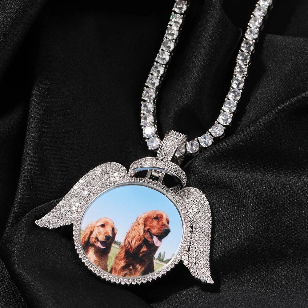 Custom Round Angel Wings & Halo Photo Pendant Necklace