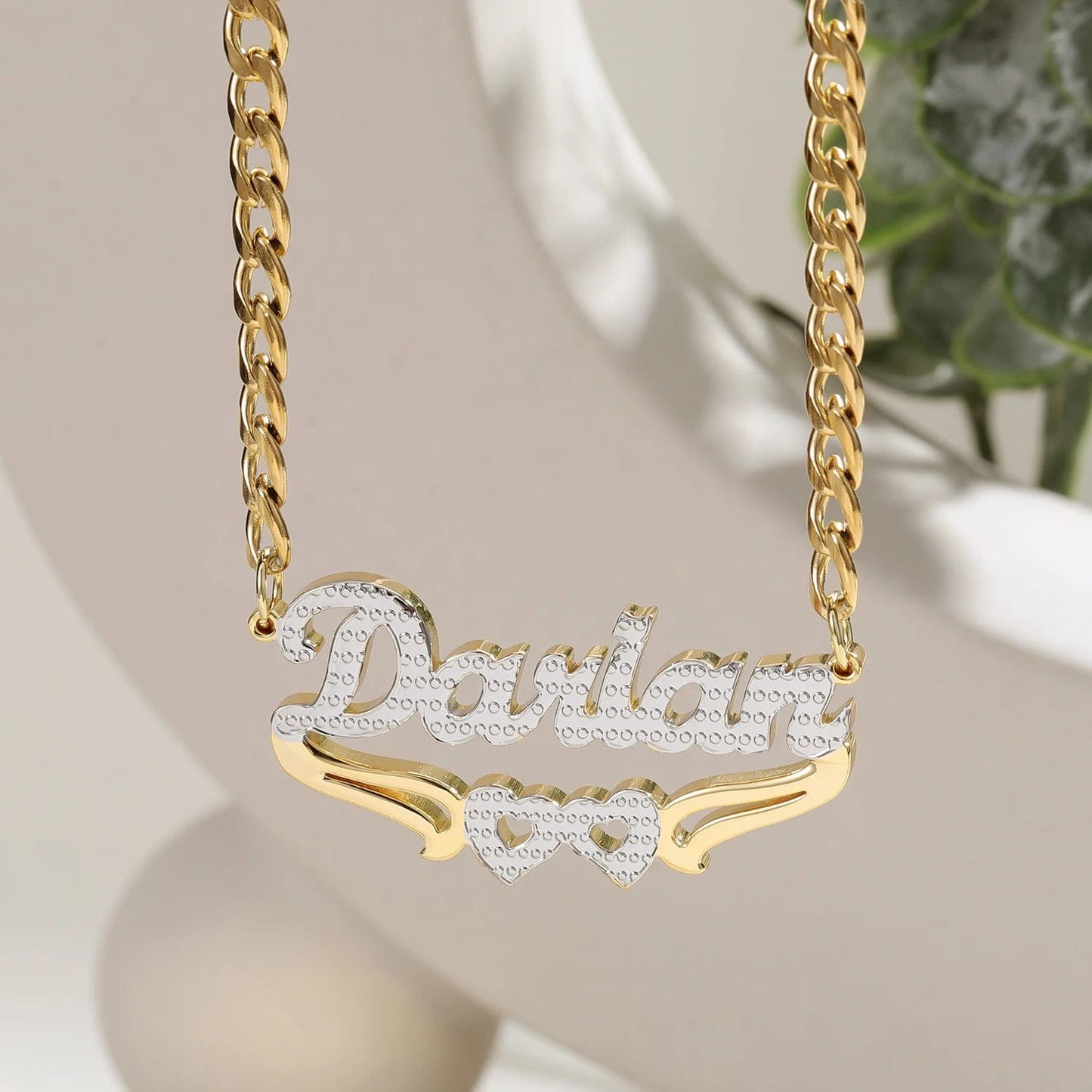 Custom Womens Double Plated Name Necklace With Two Heart Accent