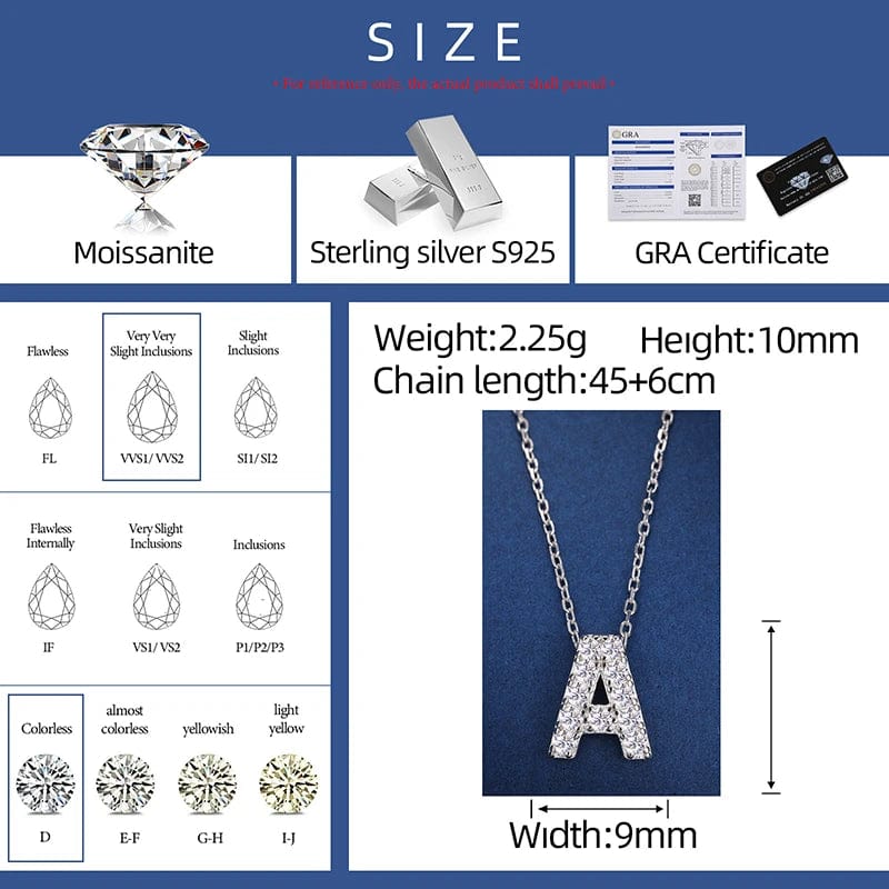 Moissanite Letter Pendant Necklace 925 Silver